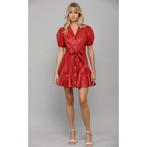 FATE Red Vegan Leather Puff Sleeve Dress