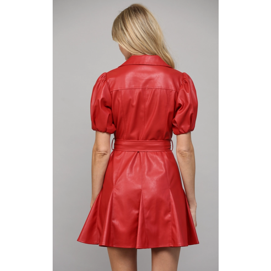 FATE Red Vegan Leather Puff Sleeve Dress