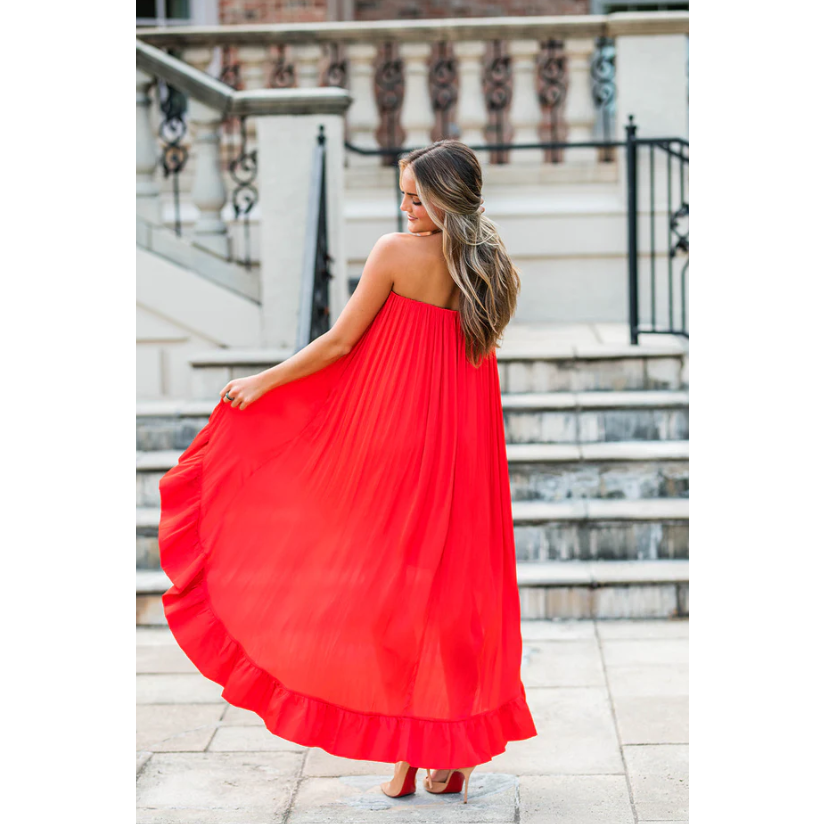 In Too Deep Satin Ruffle Strapless Dress- RED