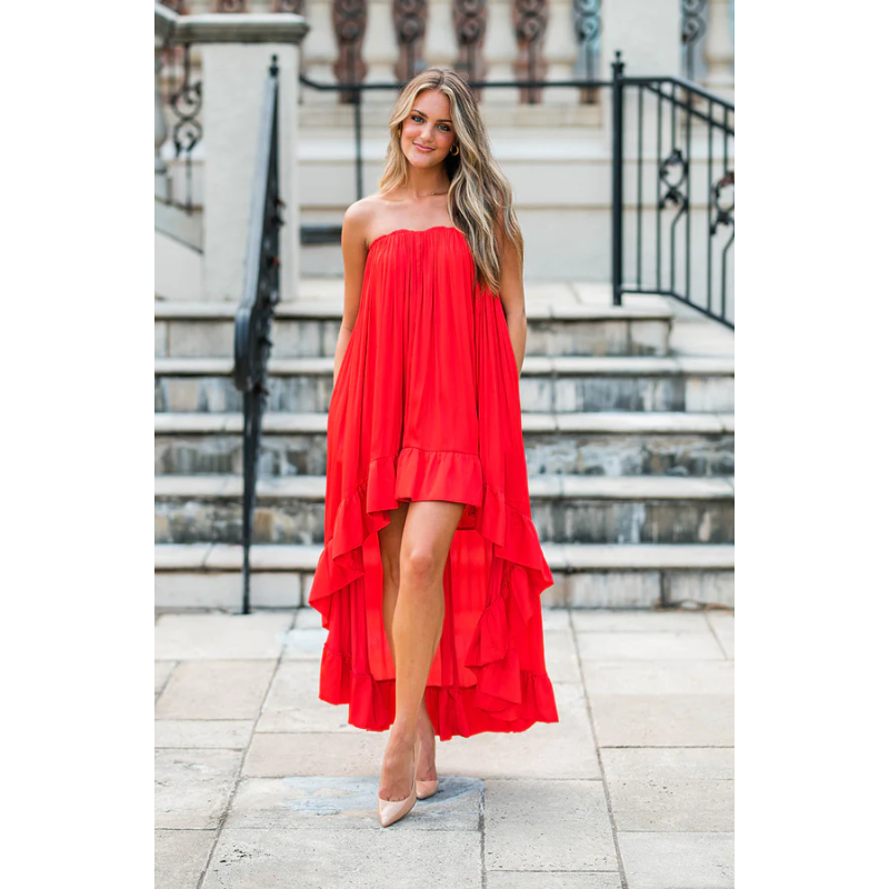 In Too Deep Satin Ruffle Strapless Dress- RED