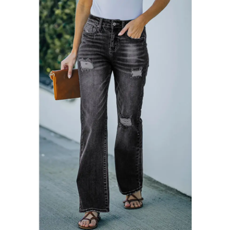 Distressed Faux Ripped Flare Leg Jeans