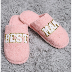 Dark Gray Best Mama Chenille Patched Slippers