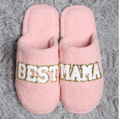 Pink Best Mama Chenille Patched Slippers
