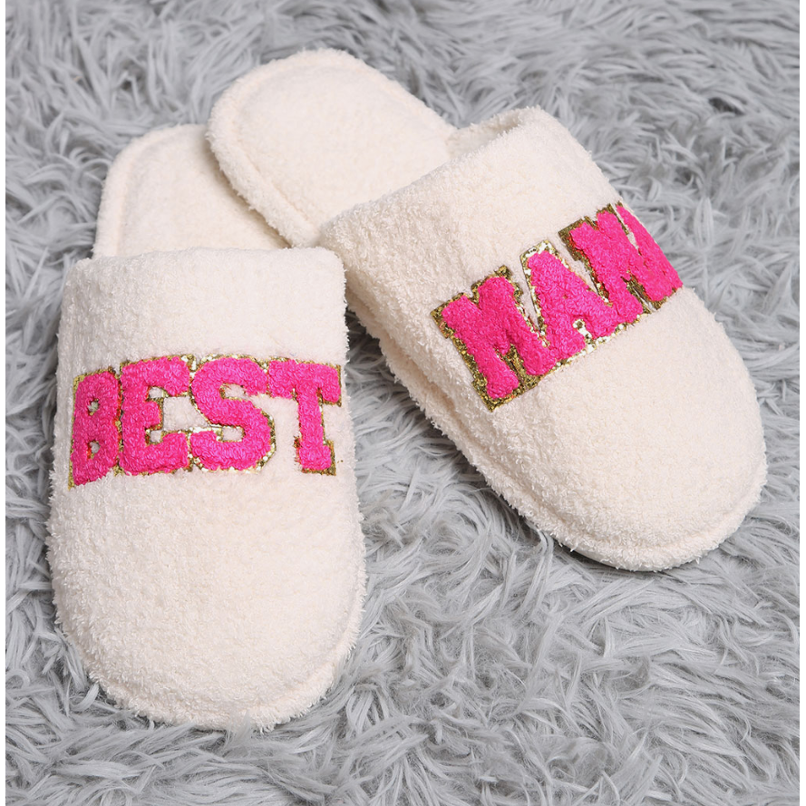 Dark Gray Best Mama Chenille Patched Slippers