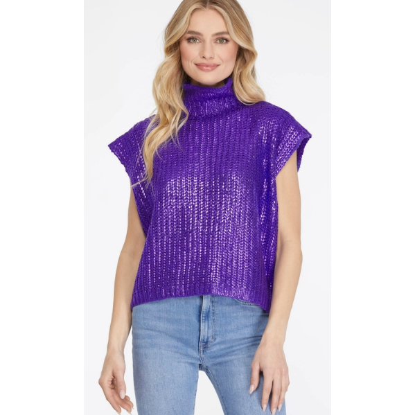 Metallic Foiled Mock Neck Cap Short Sleeve Sweater, PURPLE