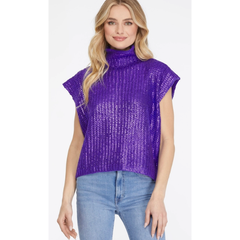 White Smoke Metallic Foiled Mock Neck Cap Short Sleeve Sweater