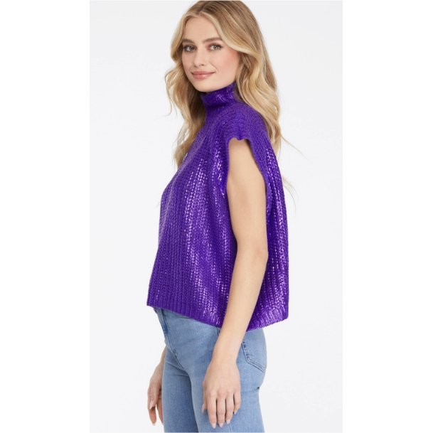 Metallic Foiled Mock Neck Cap Short Sleeve Sweater, PURPLE