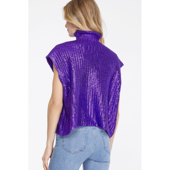 Metallic Foiled Mock Neck Cap Short Sleeve Sweater, PURPLE