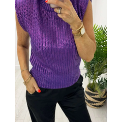 Dark Slate Blue Metallic Foiled Mock Neck Cap Short Sleeve Sweater
