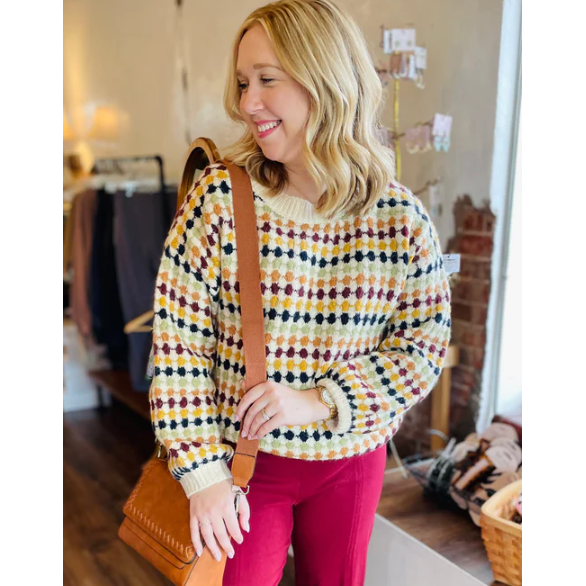 Greta Multicolor Fall Dotted Crew Knit Sweater