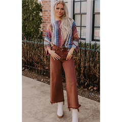 Rosy Brown High Waist Straight Acid Wash Frayed Cutoff High Waist Jeans, BROWN