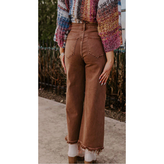 Rosy Brown High Waist Straight Acid Wash Frayed Cutoff High Waist Jeans, BROWN
