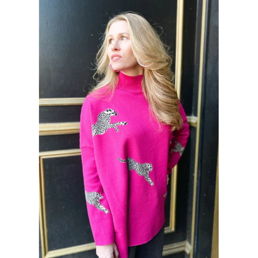 Cheetah Print Mock Neck Side Slit Sweater- HOT PINK