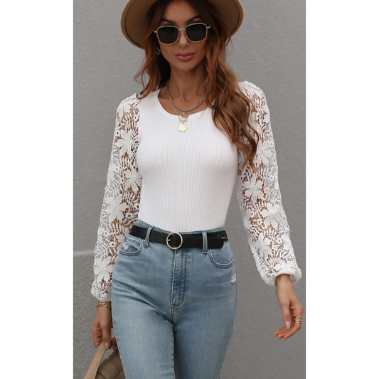 White Scoop Neck Lace Long Sleeve Top