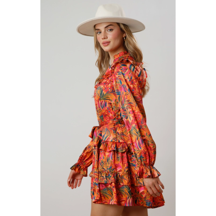 Floral Abstract Jungle  Print Tiered Mini Dress