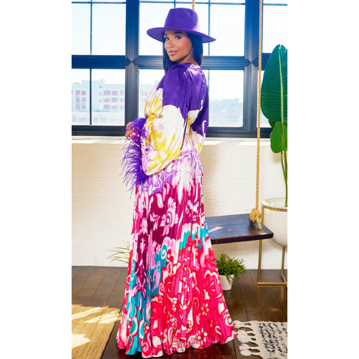 Captivating Purple Tone Feather Printed Maxi Dress