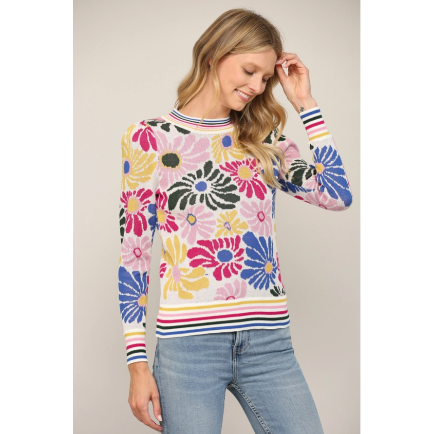Cream Floral Printed Striped Long Sleeve Sweater