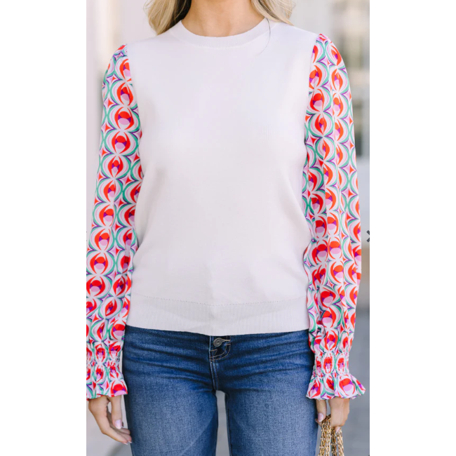 All In Time Cream White Abstract Sweater