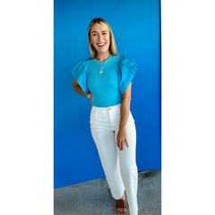 Dark Cyan Newport Ruffle Sleeve Bodysuit-Aqua