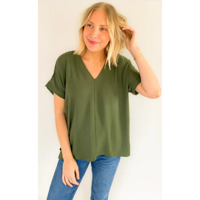 Jamie V Neck Center Seam Blouse-OLIVE