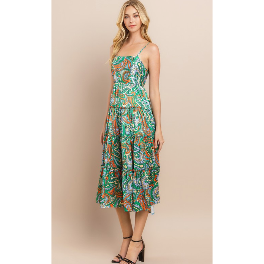 Green Paisley Spaghetti Strap Tiered Dress