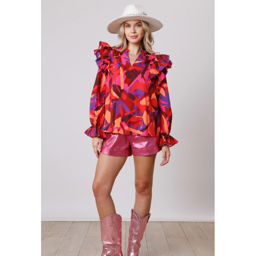 Make A Statement Abstract Print Ruffle Long Sleeve Blouse