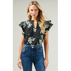 Emery Floral Print Frilled Collared Short Ruffle Sleeve Top