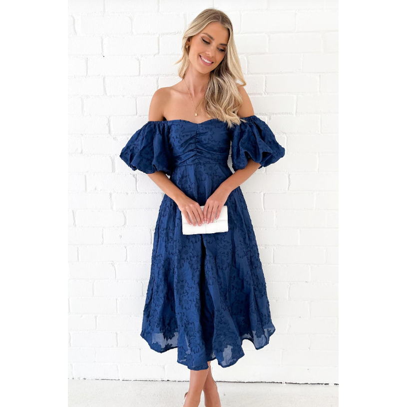 Shira Off /On The Shoulder Puff Sleeve Embroidered Midi Dress