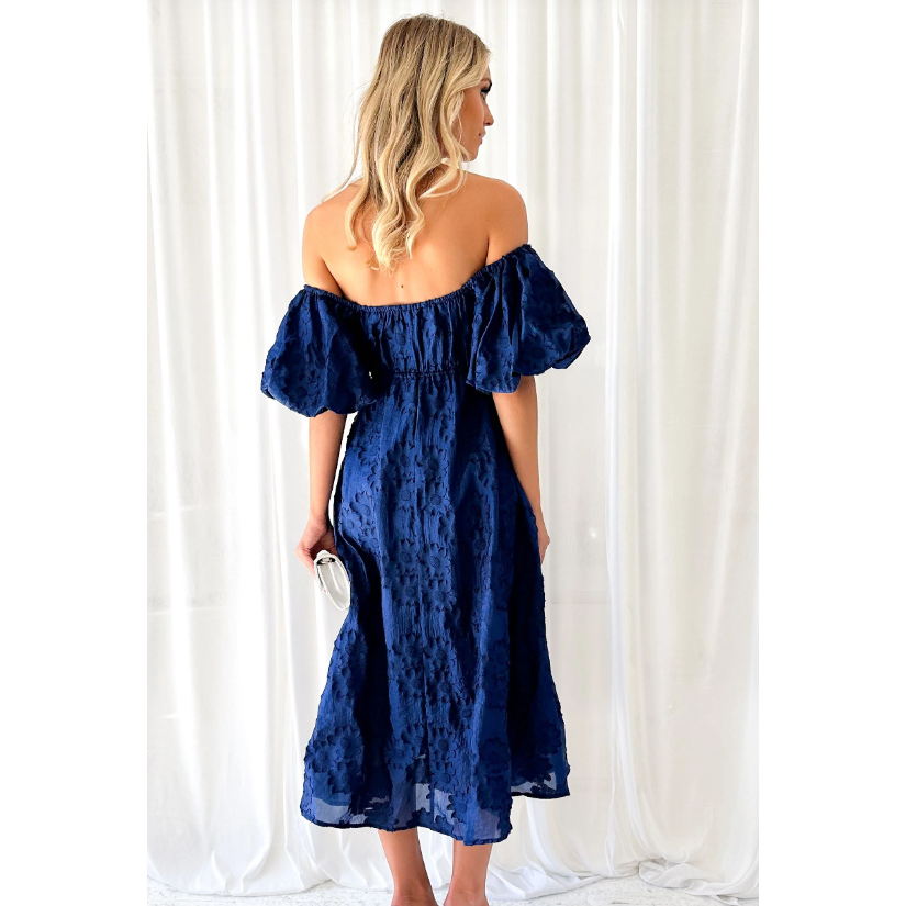 Shira Off /On The Shoulder Puff Sleeve Embroidered Midi Dress