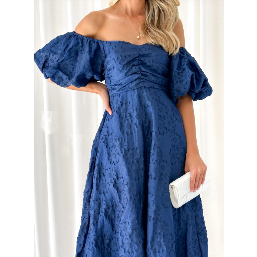 Shira Off /On The Shoulder Puff Sleeve Embroidered Midi Dress