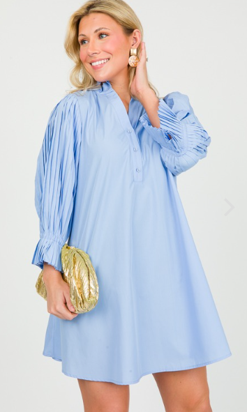 THML Poplin Pleated Sleeve Mini Dress, LIGHT BLUE