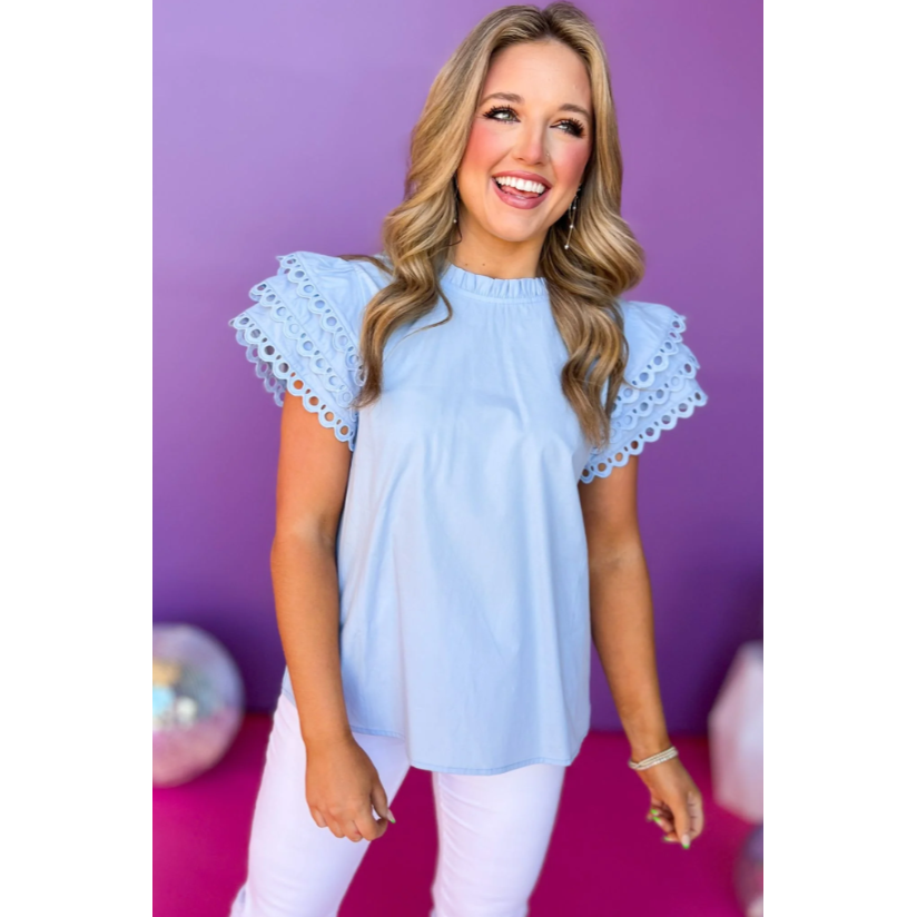 Blue Eyelet Detail Frill Neck Layered Ruffled Cap Sleeve Top