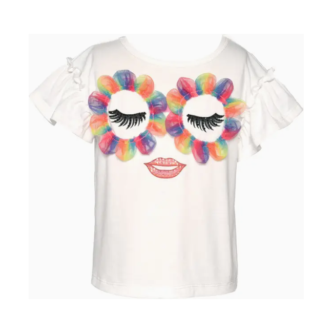 White Smoke Hannah Banana Ruffle Sleeve Top w/ Flower Glasses Girl Print