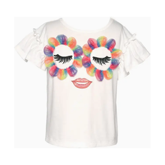 White Smoke Hannah Banana Ruffle Sleeve Top w/ Flower Glasses Girl Print