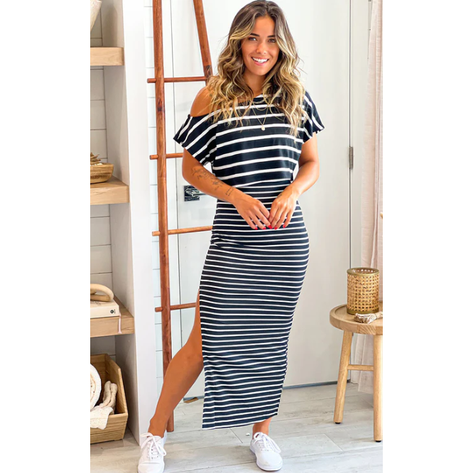 Black Stripe Asymmetric Shoulder Pencil Dress