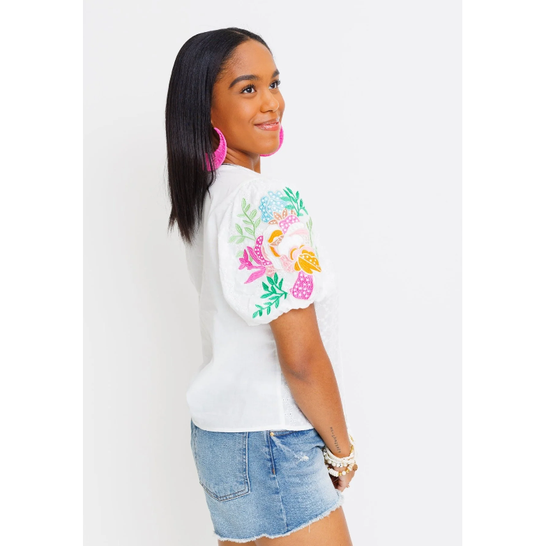 Chelsea White Floral Embroidered Puff Sleeve Top