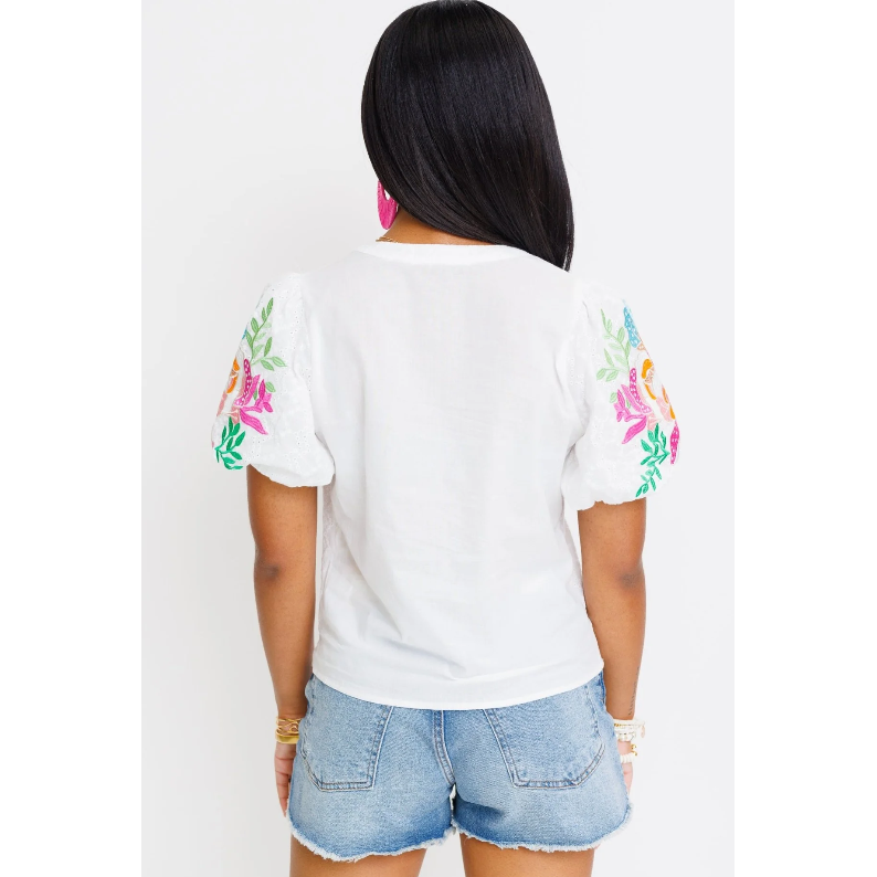 Chelsea White Floral Embroidered Puff Sleeve Top