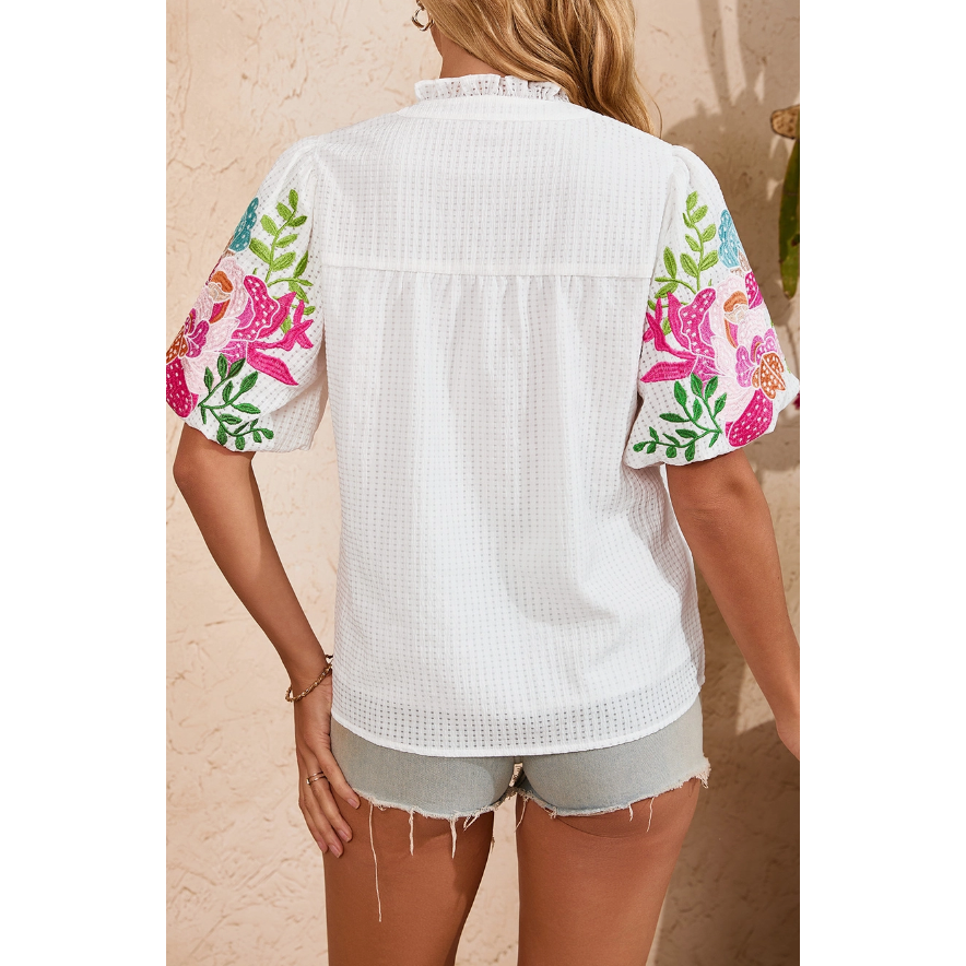 Chelsea White Floral Embroidered Puff Sleeve Top