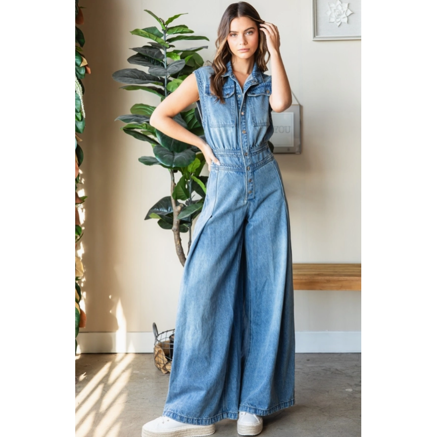 Dany Denim Romper Button Down Denim Jumpsuit/Romper