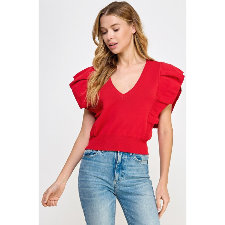 Eunice Pleated short Ruffle Sleeve Knit Top