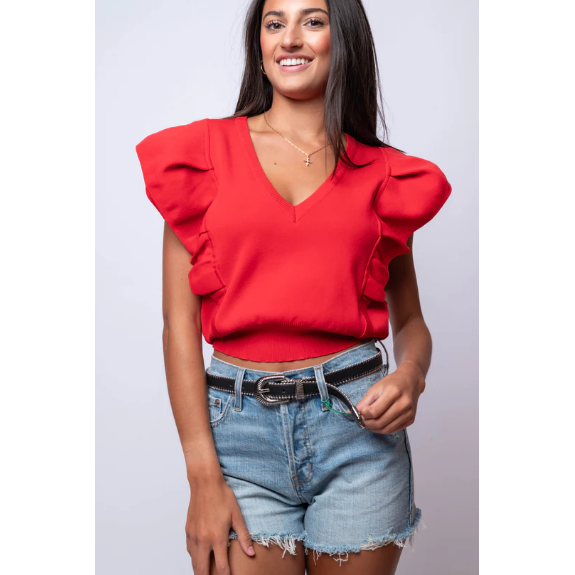 Eunice Pleated short Ruffle Sleeve Knit Top