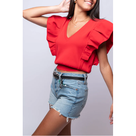 Eunice Pleated short Ruffle Sleeve Knit Top