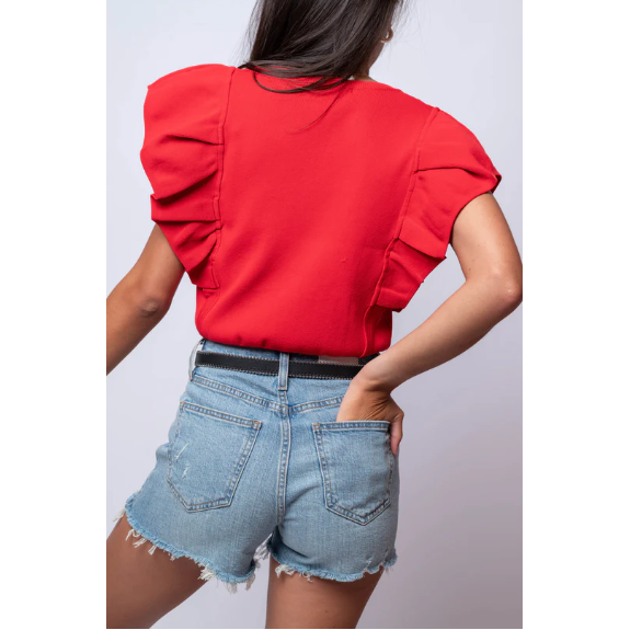 Eunice Pleated short Ruffle Sleeve Knit Top