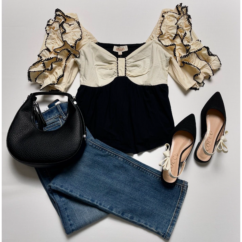 Cream/Black Color-block Ruffle Peplum Blouse