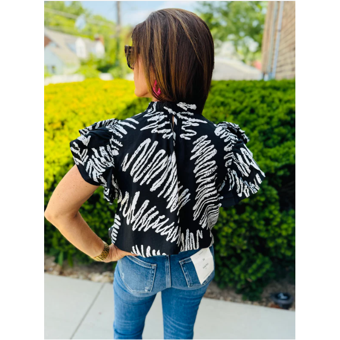 THML Flutter Sleeve Black White Zig Zag Print Blouse