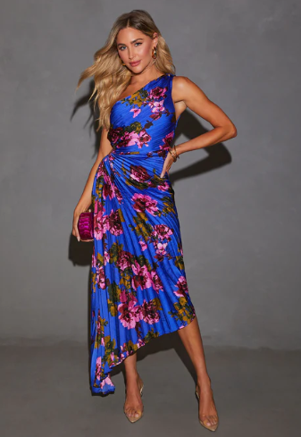 Modern Day Glam Printed One Shoulder Asymmetrical Maxi Dress