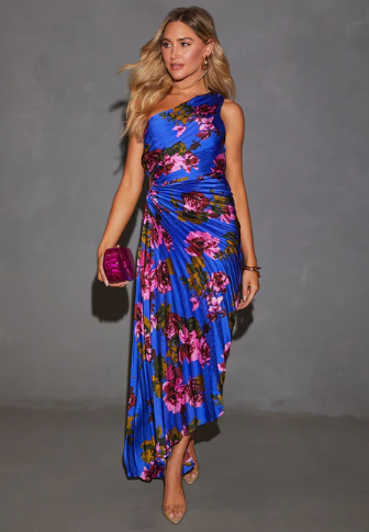 Modern Day Glam Printed One Shoulder Asymmetrical Maxi Dress