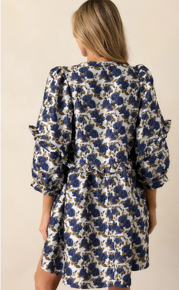 Waves Of Roses Navy Floral Puff Sleeve Mini Dress