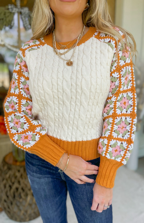 Handmade Granny Square Raglan Sleeve Cable Knit Sweater