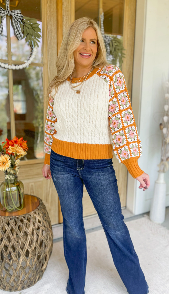 Handmade Granny Square Raglan Sleeve Cable Knit Sweater